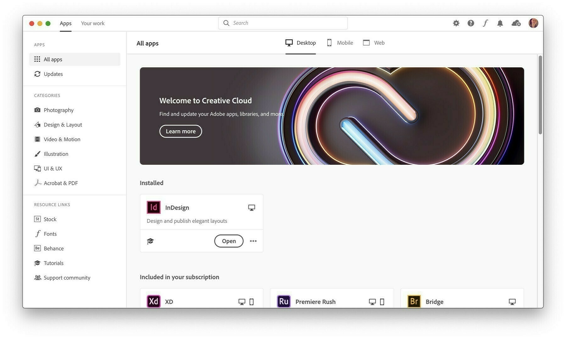 Screenshot of new Adobe Creative Cloud app